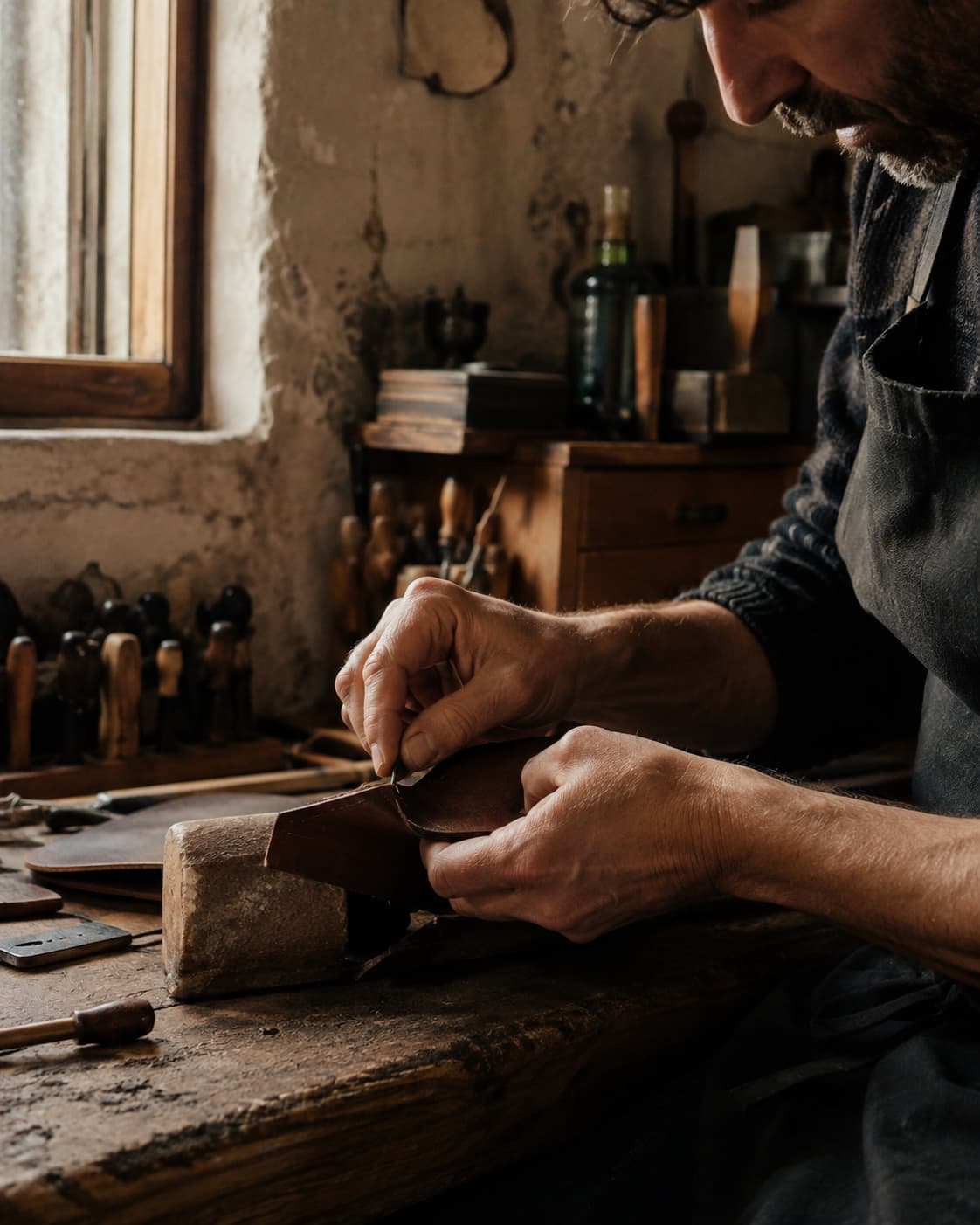 Ein Handwerker arbeitet von Hand in einer kleinen Werkstatt