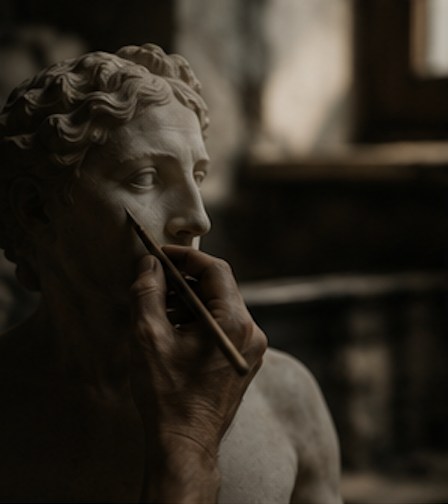A hand refining the face of a sculpture, the human work behind the things we keep.