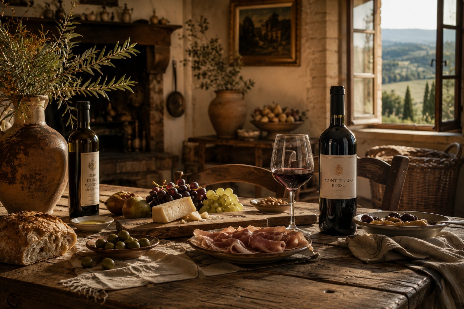 An Italian table set with wine, olive oil, cheese and cured meats
