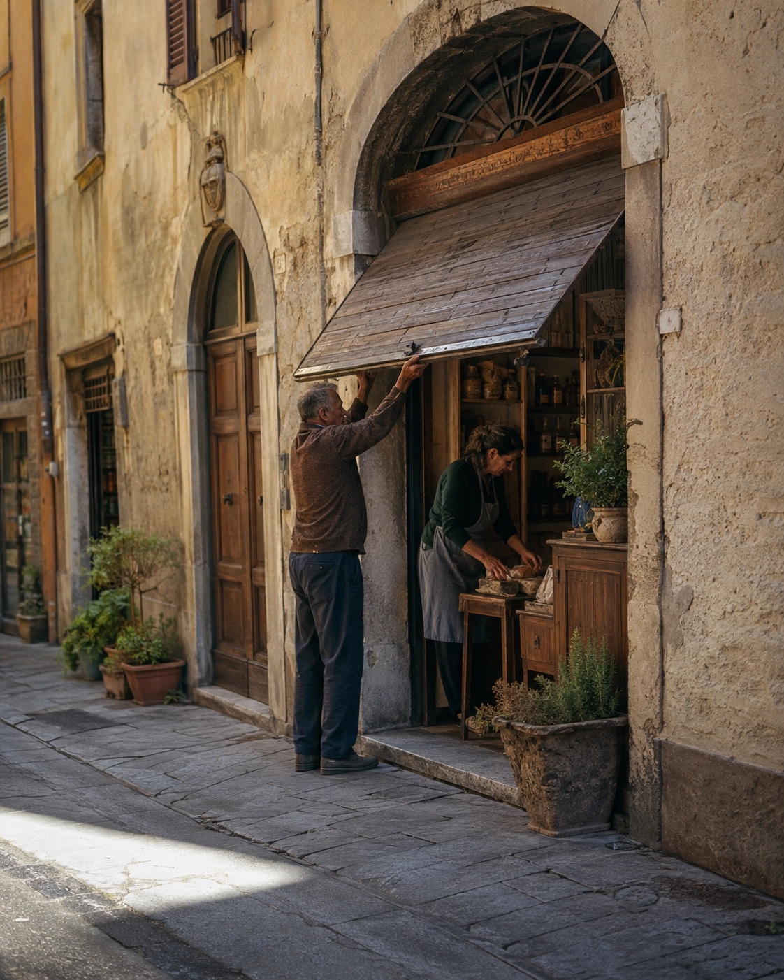 Zwei Menschen öffnen einen kleinen Familienbetrieb in einer historischen italienischen Straße.