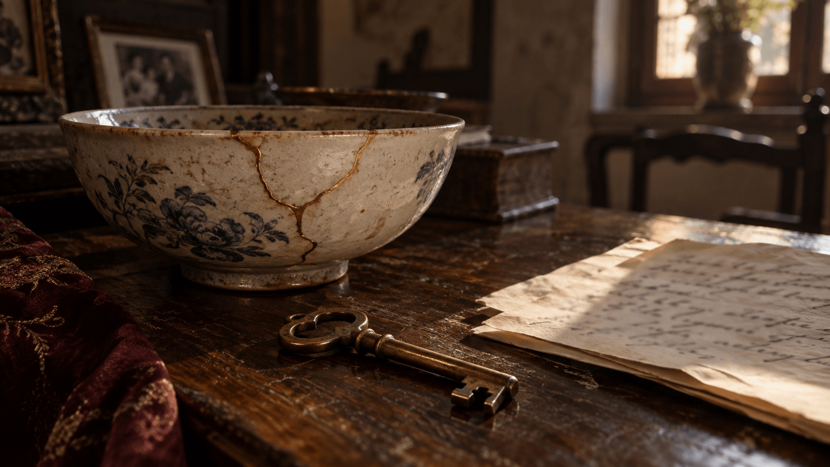 A repaired ceramic bowl, an old key and handwritten letters on a wooden table.
