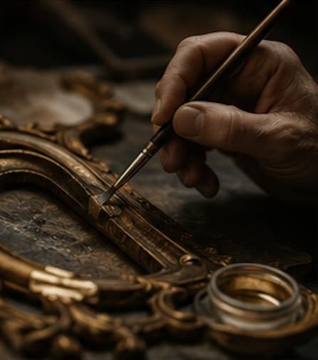 Un artesano italiano aplicando pan de oro a mano en un taller especializado