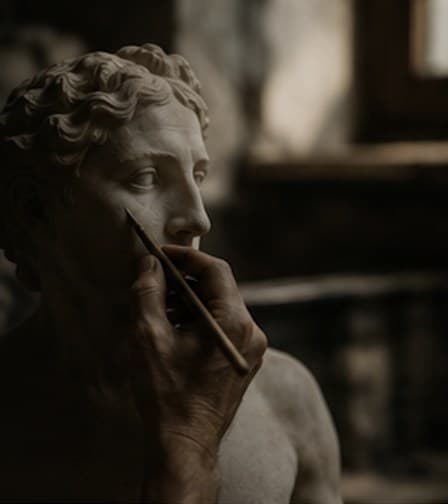 Un artesano perfeccionando a mano el rostro de una escultura clásica