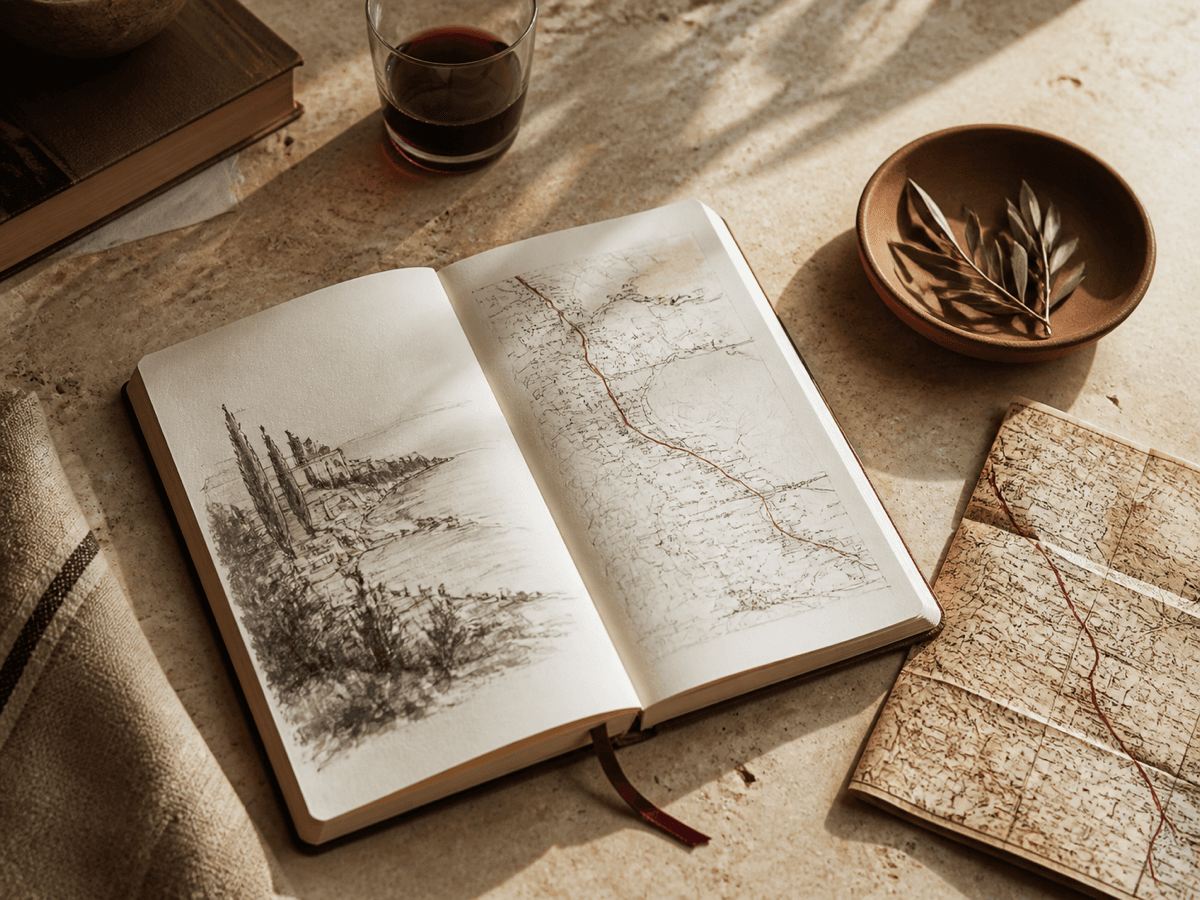 Un cuaderno editorial abierto con el dibujo de un lugar y una ruta trazada
