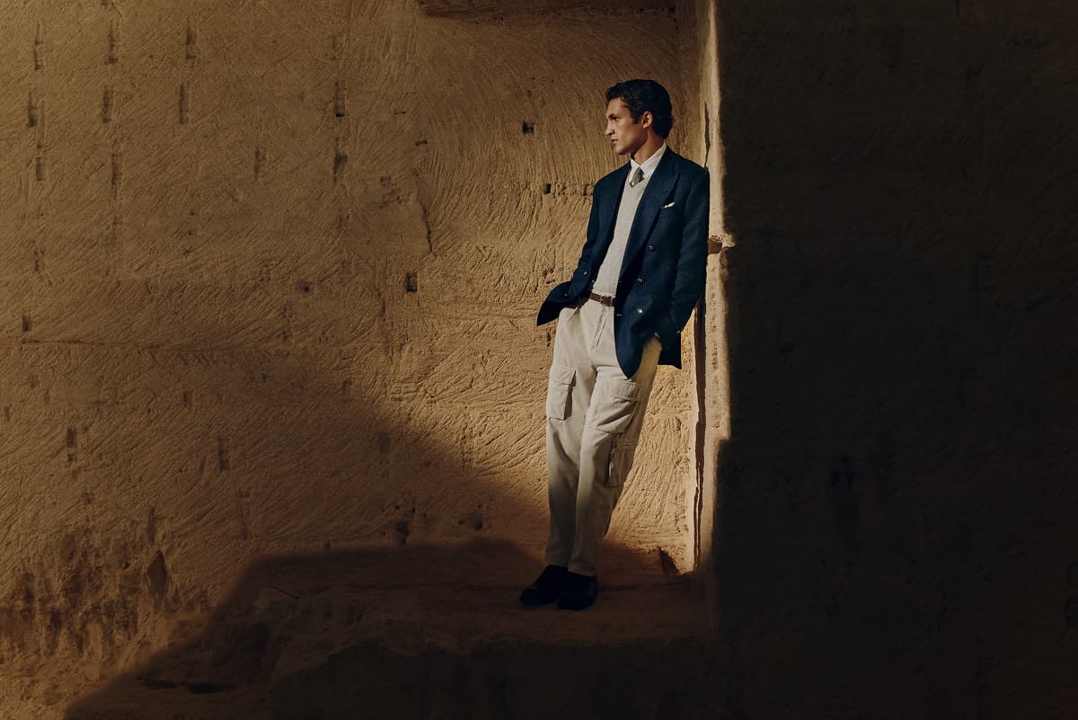 Brunello Cucinelli tailoring in warm natural light.