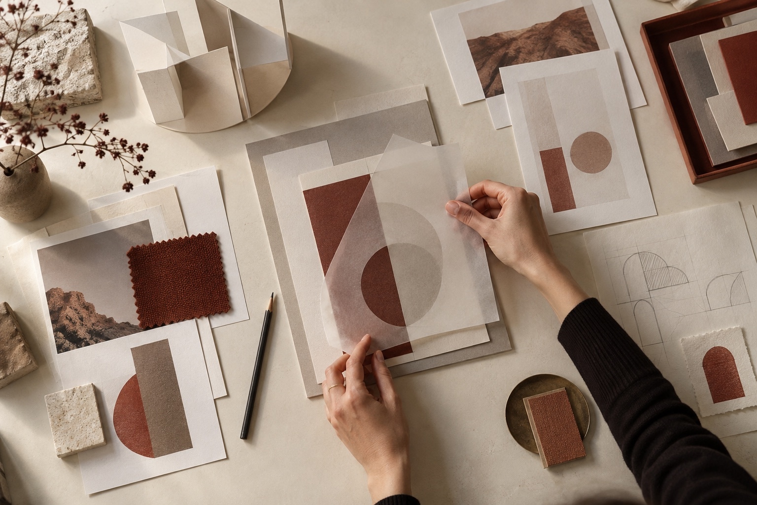 Hands assemble a tactile prototype from paper frames, tracing sheets and material samples.