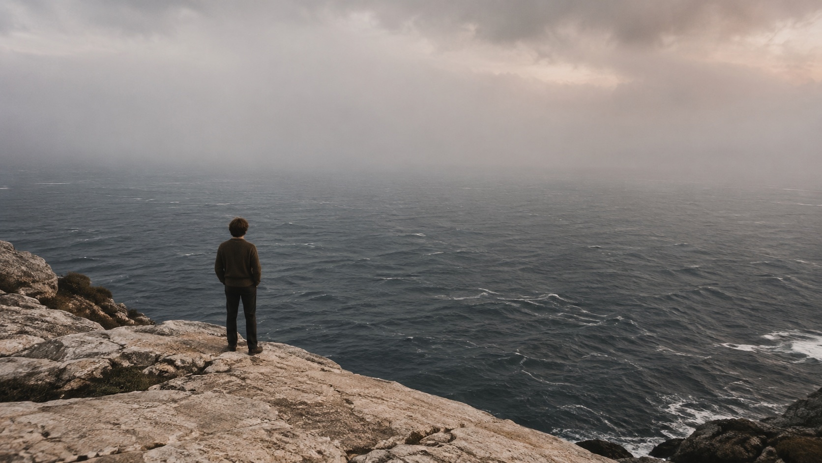 A solitary figure looks across a vast sea whose horizon disappears into mist.