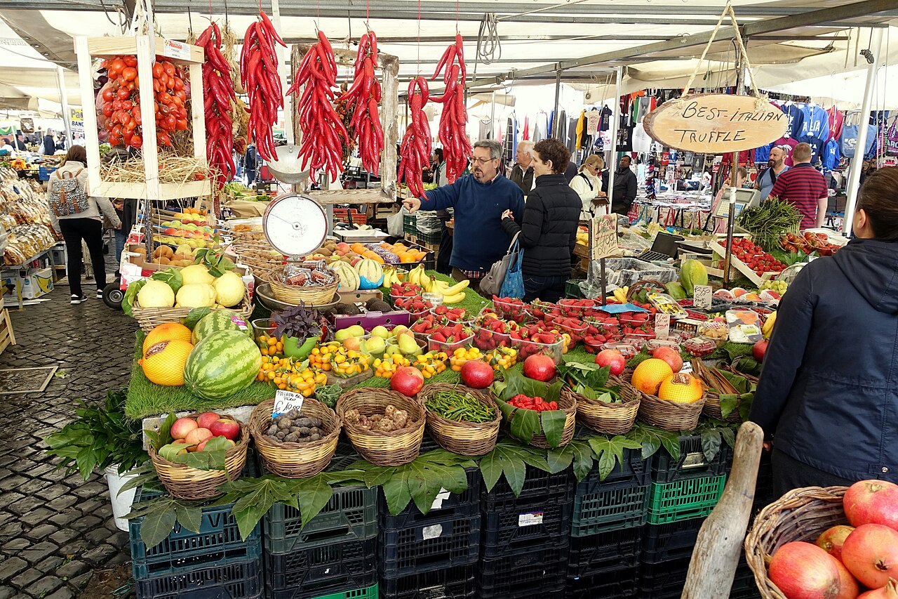 Food stalls at Campo de' Fiori market in Rome