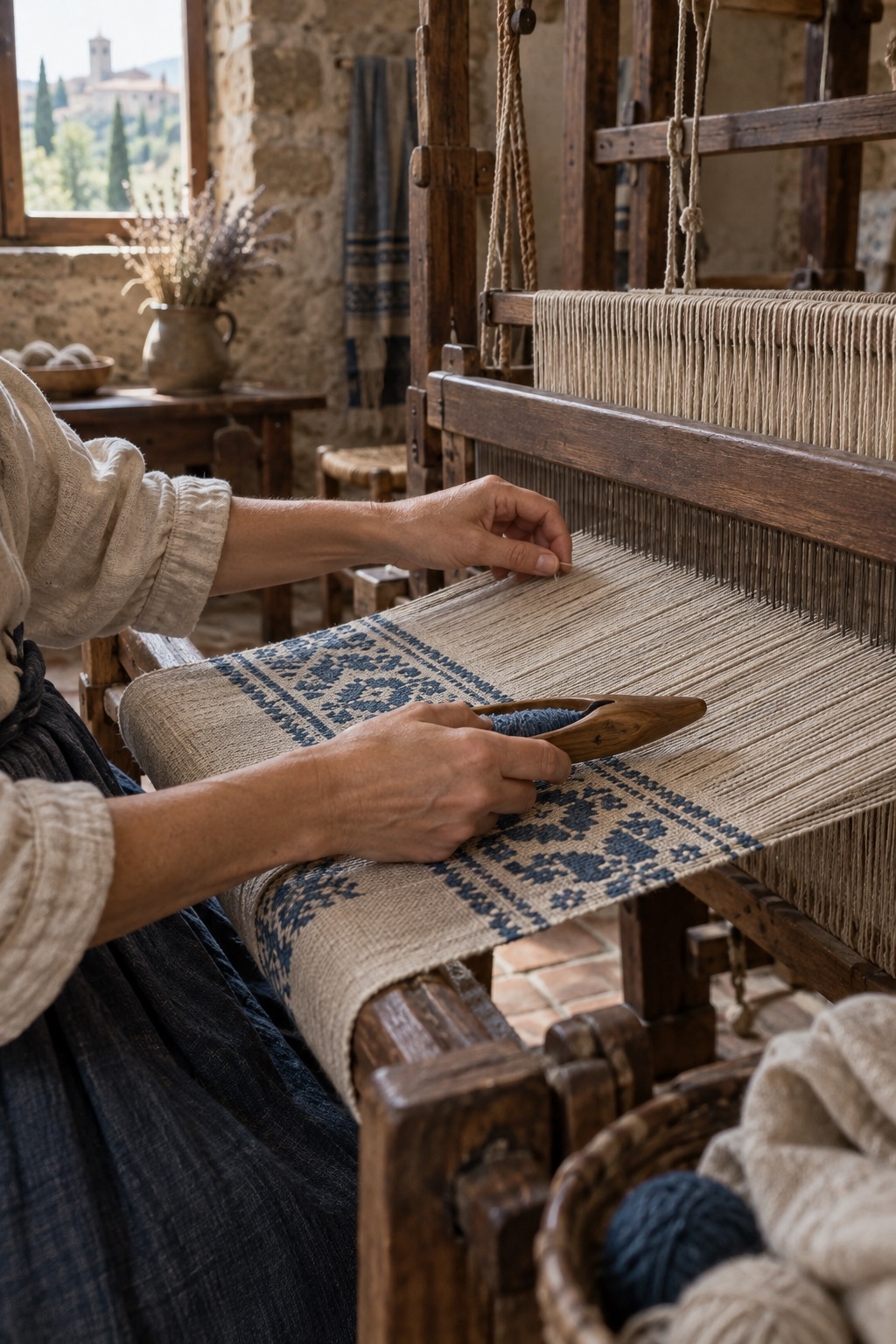 Hands working blue-patterned linen on a wooden handloom in a sunlit workshop. Conceptual editorial image.