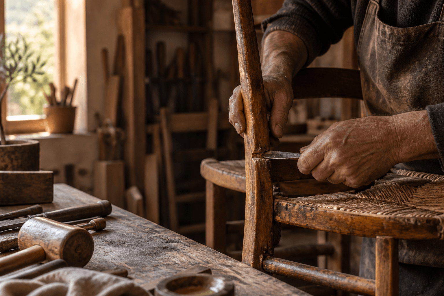 Mani che riparano una sedia di legno con seduta intrecciata in un laboratorio.
